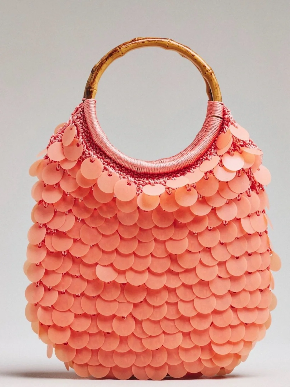 Anthropologie Coral Sequin Bamboo-Handle bag NWT